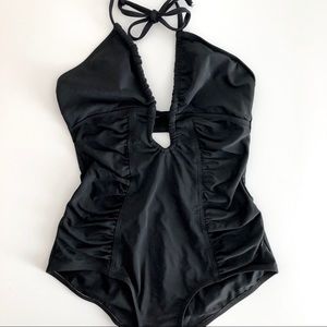 Ruched Halter Plunge V Neckline One Piece Swimsuit